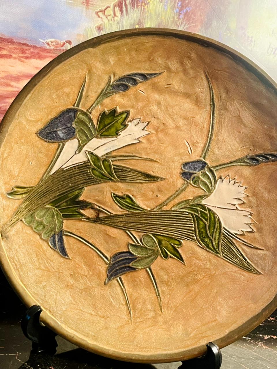 Antique Brass Decorative Plate with Hand-Carved Floral Design – England