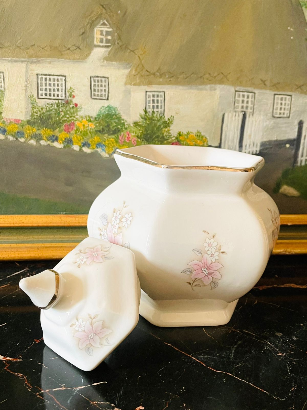 Vintage English Fine Bone China Candy Jar / Pot – Pink Lily Floral with Gold Trim
