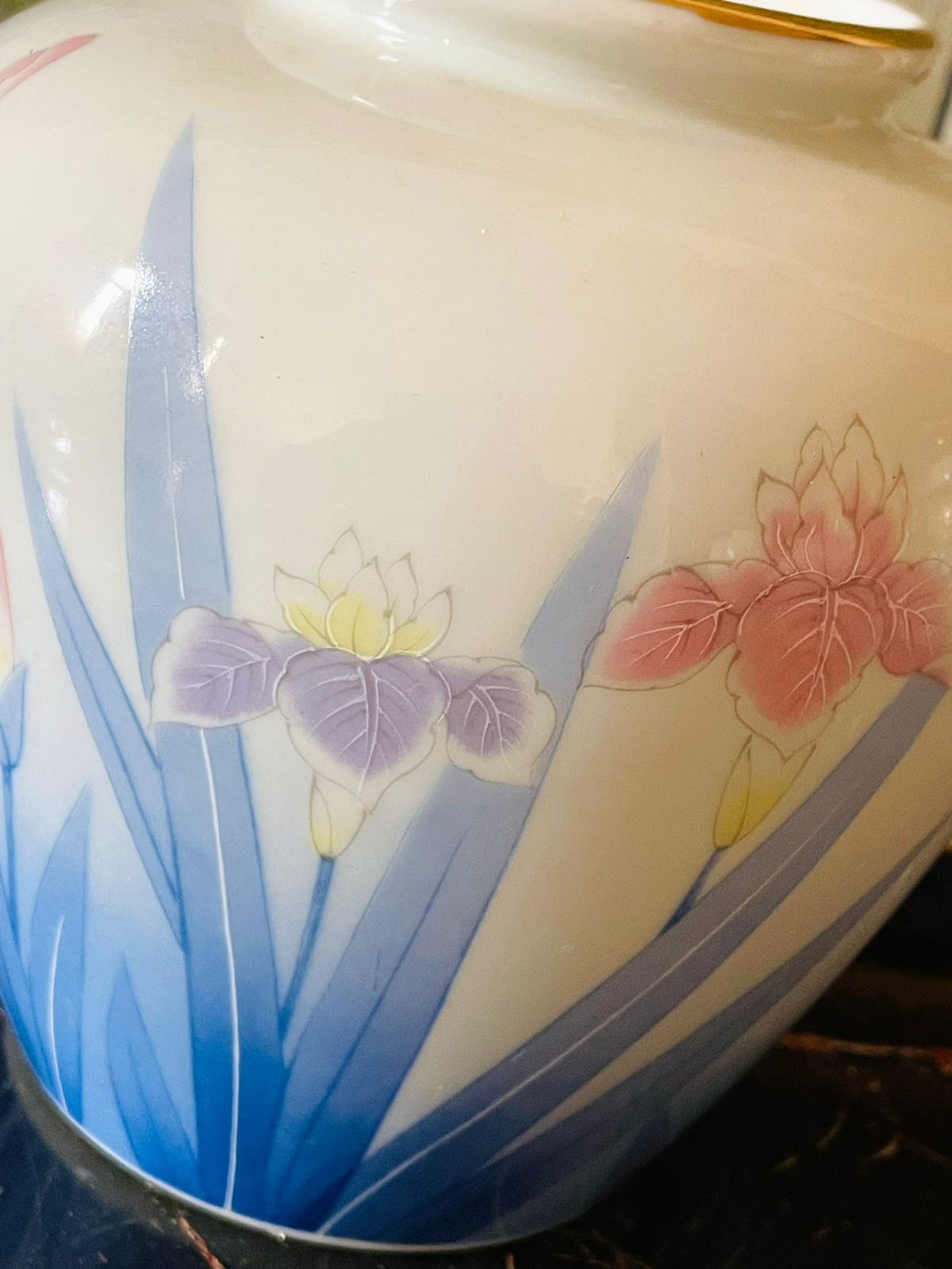 Vintage Japanese Porcelain Vase – Pastel Irises with Gold Rim