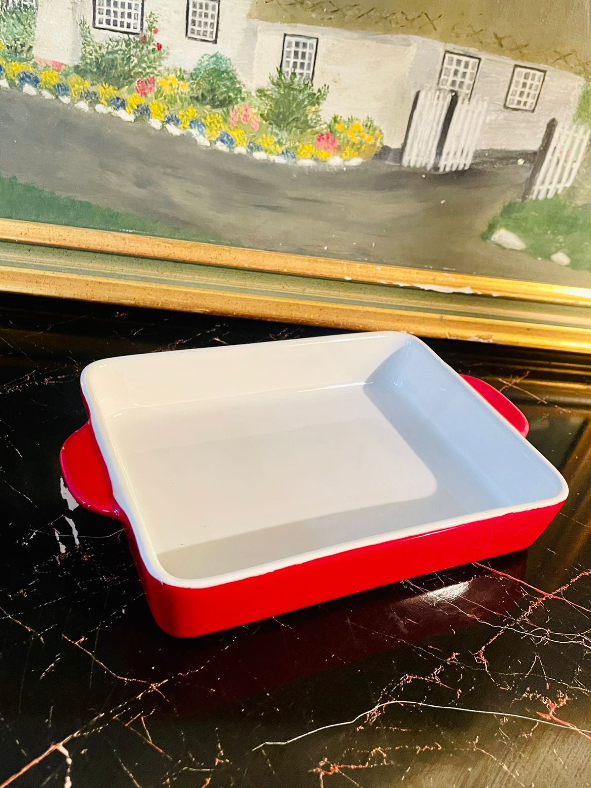 Porcelain Rectangular Baking Dish – Red & White Oven-Safe Ceramic lasagna dish