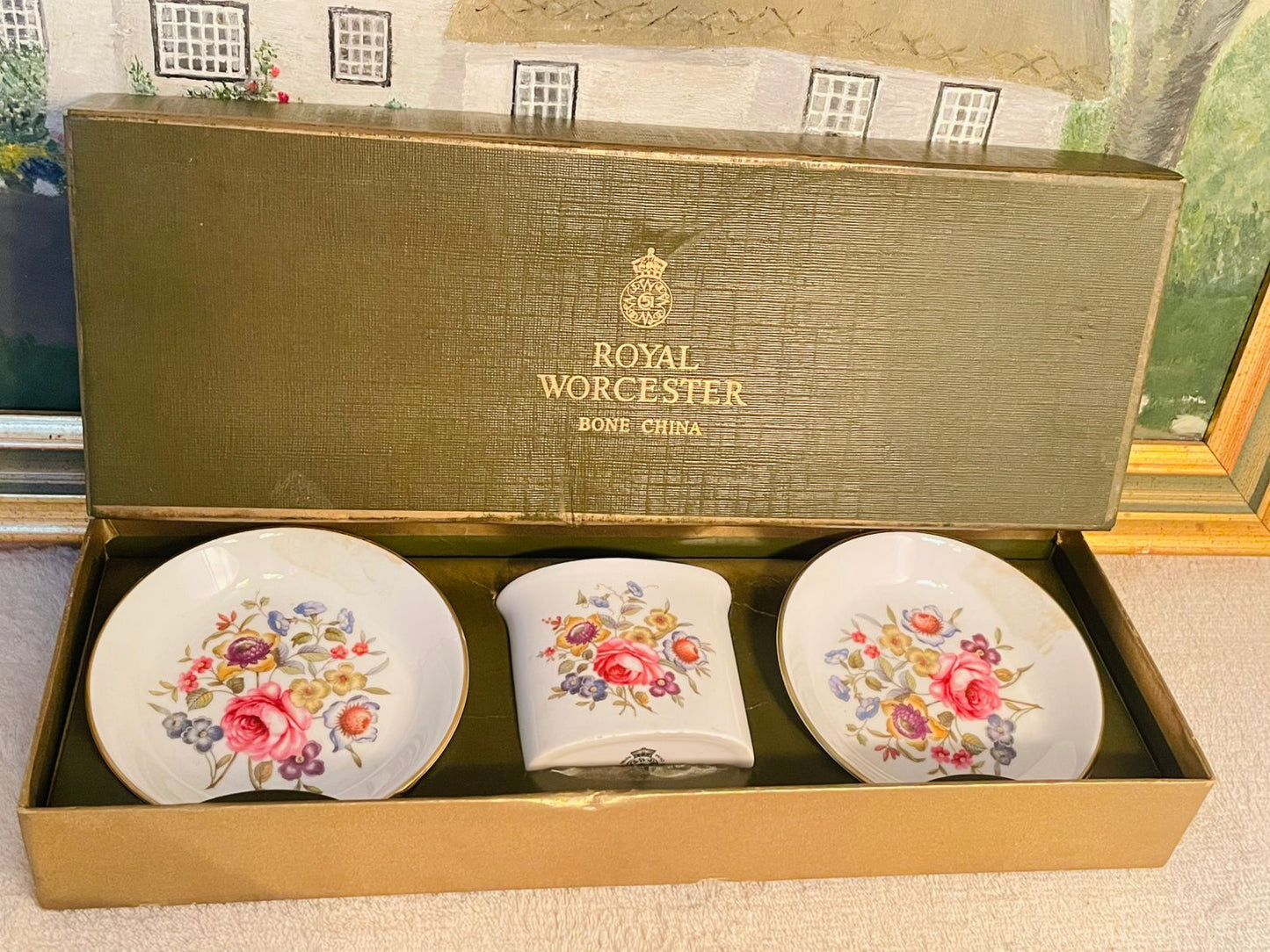 Royal Worcester Bone China Toothpick Holder with Two Saucers – Elegant English Tableware
