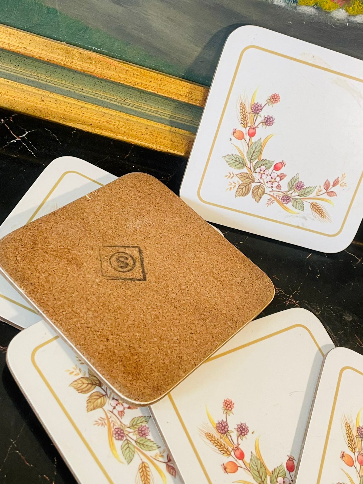 Vintage Floral Coaster Set – Wild Berries & Wheat Design (Set of 6)