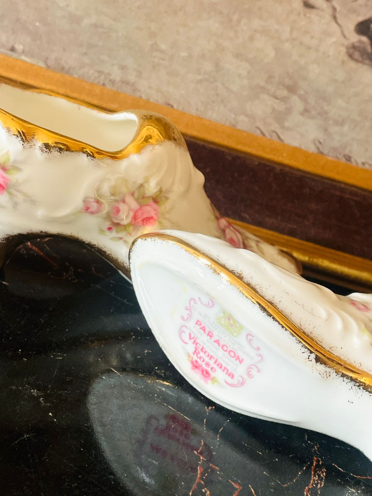Paragon “Victoriana Rose” Porcelain Shoe Pair – Hand-Gilded English Collectibles