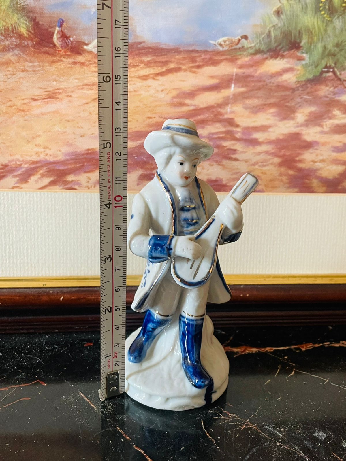 Vintage Blue & White Musician Figurine – Porcelain Collectible (England)Blue Pottery Home Decor