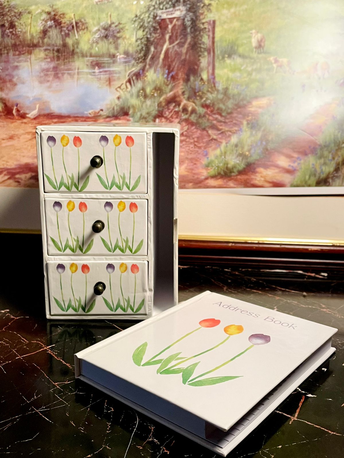 Floral Tulip 3-Drawer Mini Storage Chest with Matching Address Book β Decorative Organizer Set