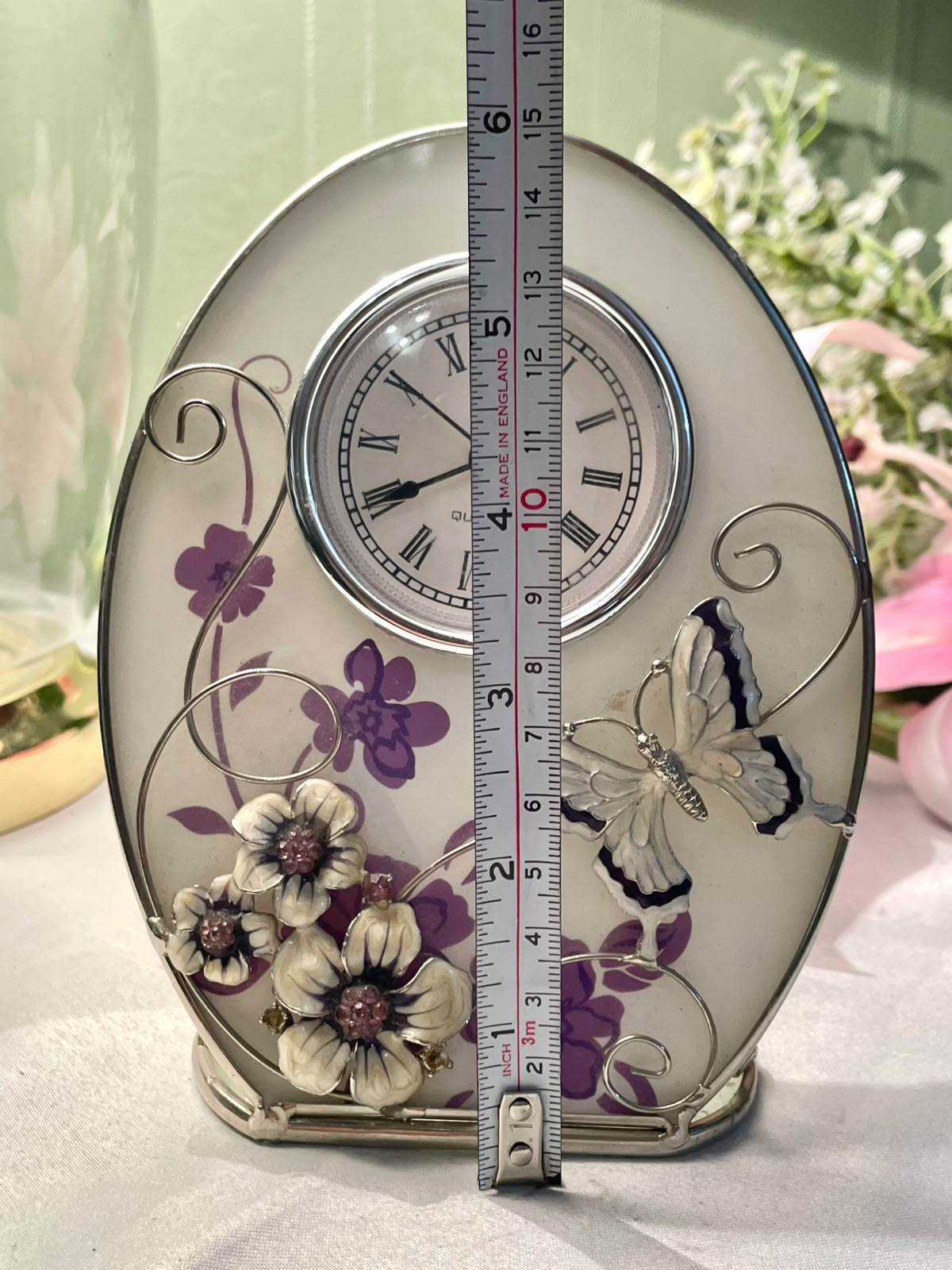 Floral Butterfly Decorative Mantel Clock Purple Silver 15cm