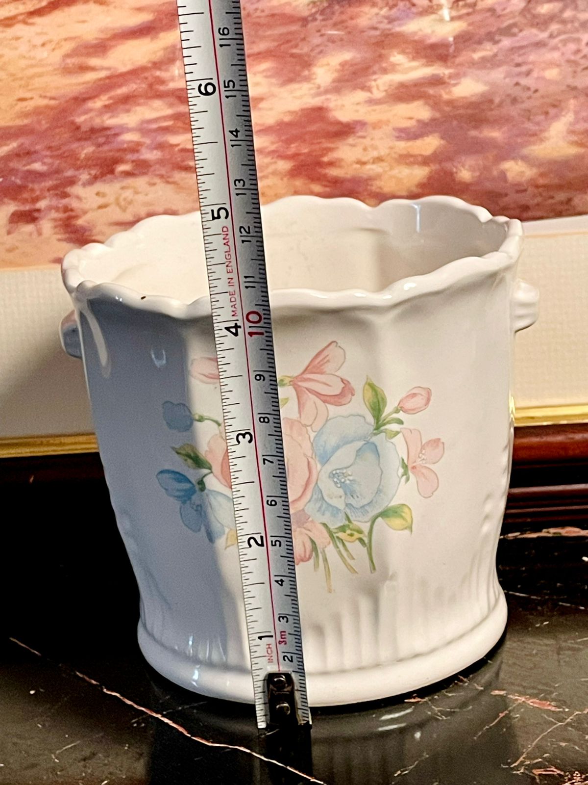 Vintage England Floral Ceramic Planter – White Glazed Pot with Pastel Flowers