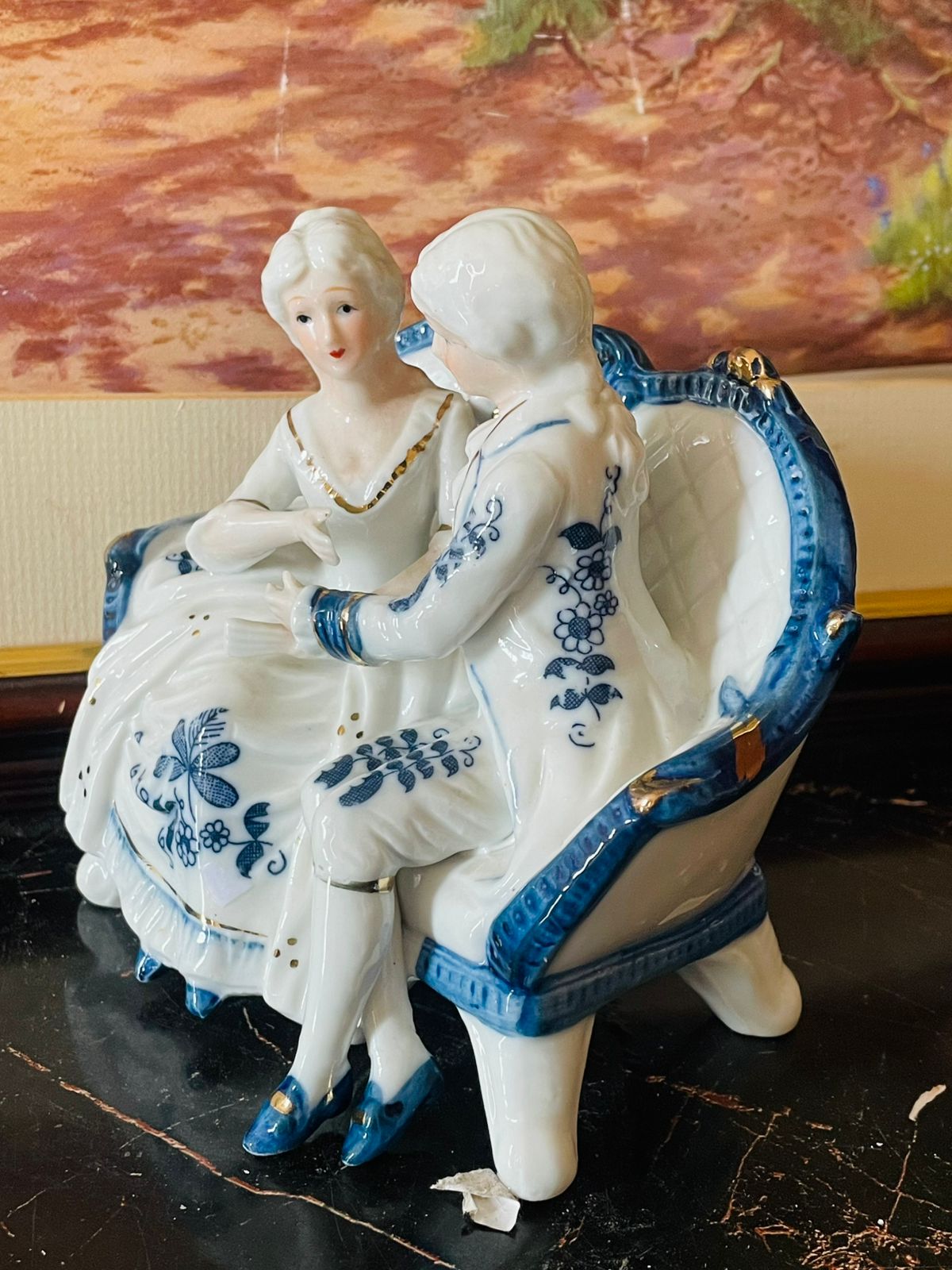 Victorian Couple Figurine – Blue & White with Gold Detailing (England) Blue Pottery Home Decor