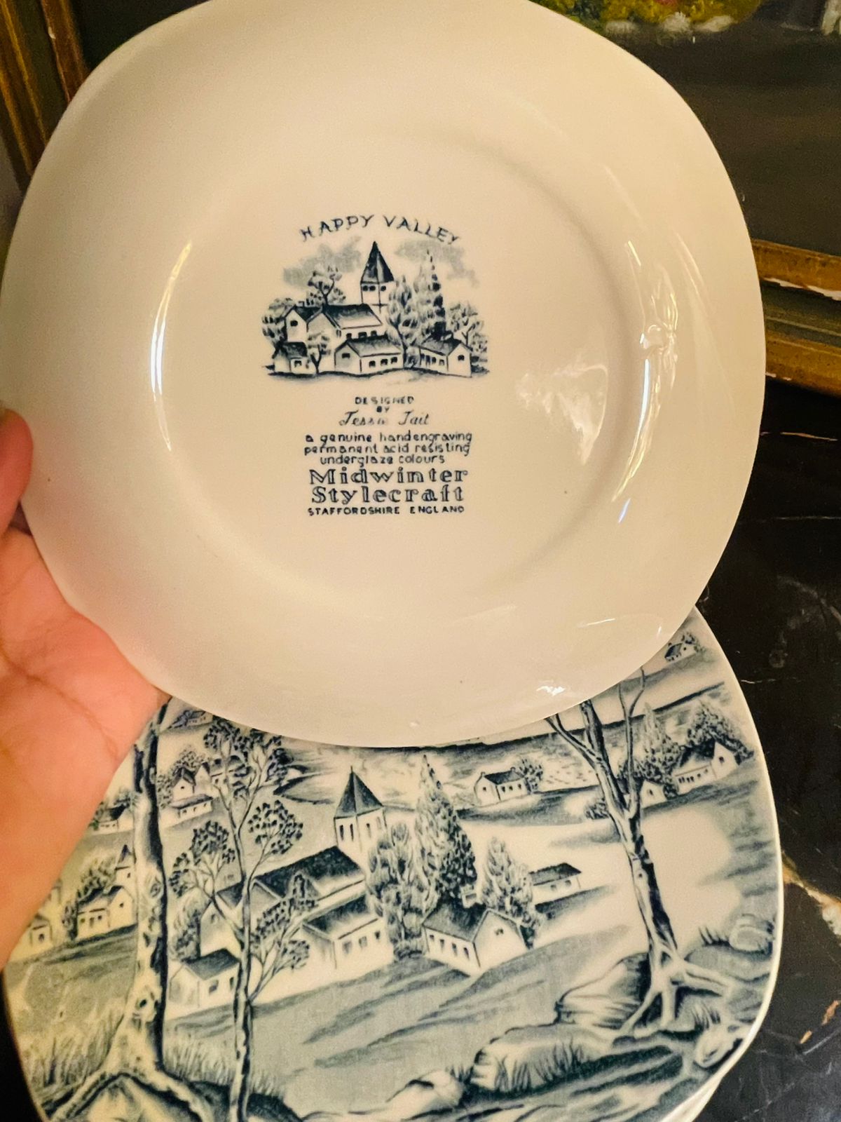Set of 6 Scarce Vintage Midwinter Fashion Style 'Happy Valley' Blue & White Ironstone Quarter Plates