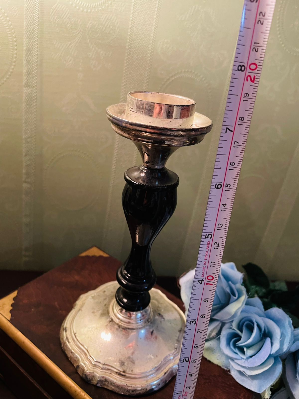 Vintage Silver Plate & Black Stem Candlestick Holder 7.5 Inch