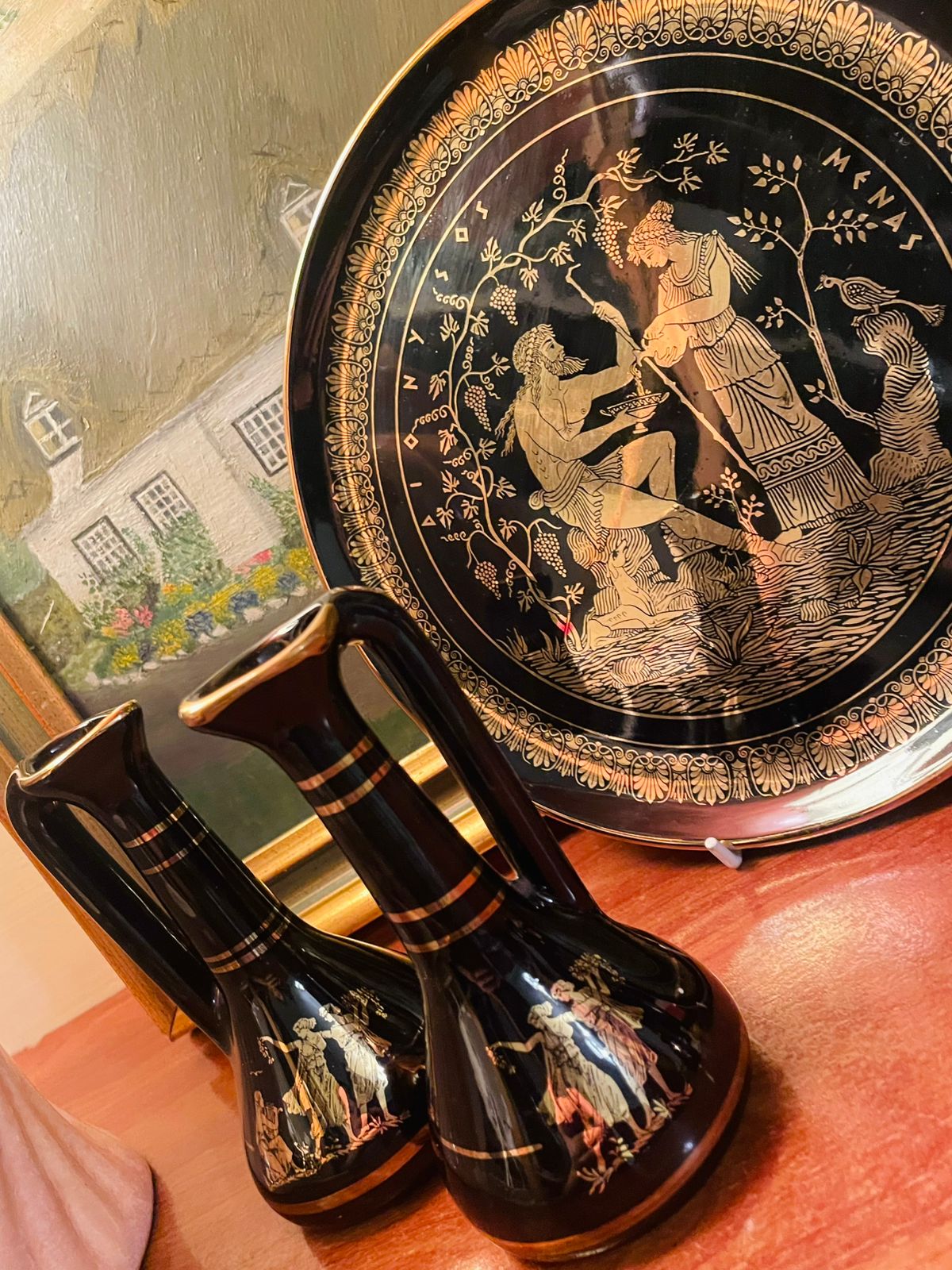 Antique 24k Gold & Black Greece Hand Made Decor Set