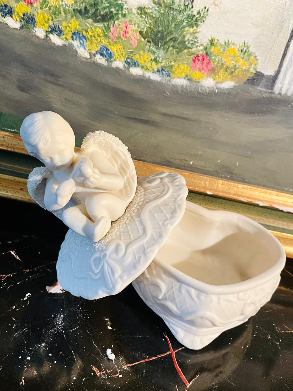 Ceramic Heart-Shaped Trinket Box with Angel Figurine – Decorative Jewelry Storage