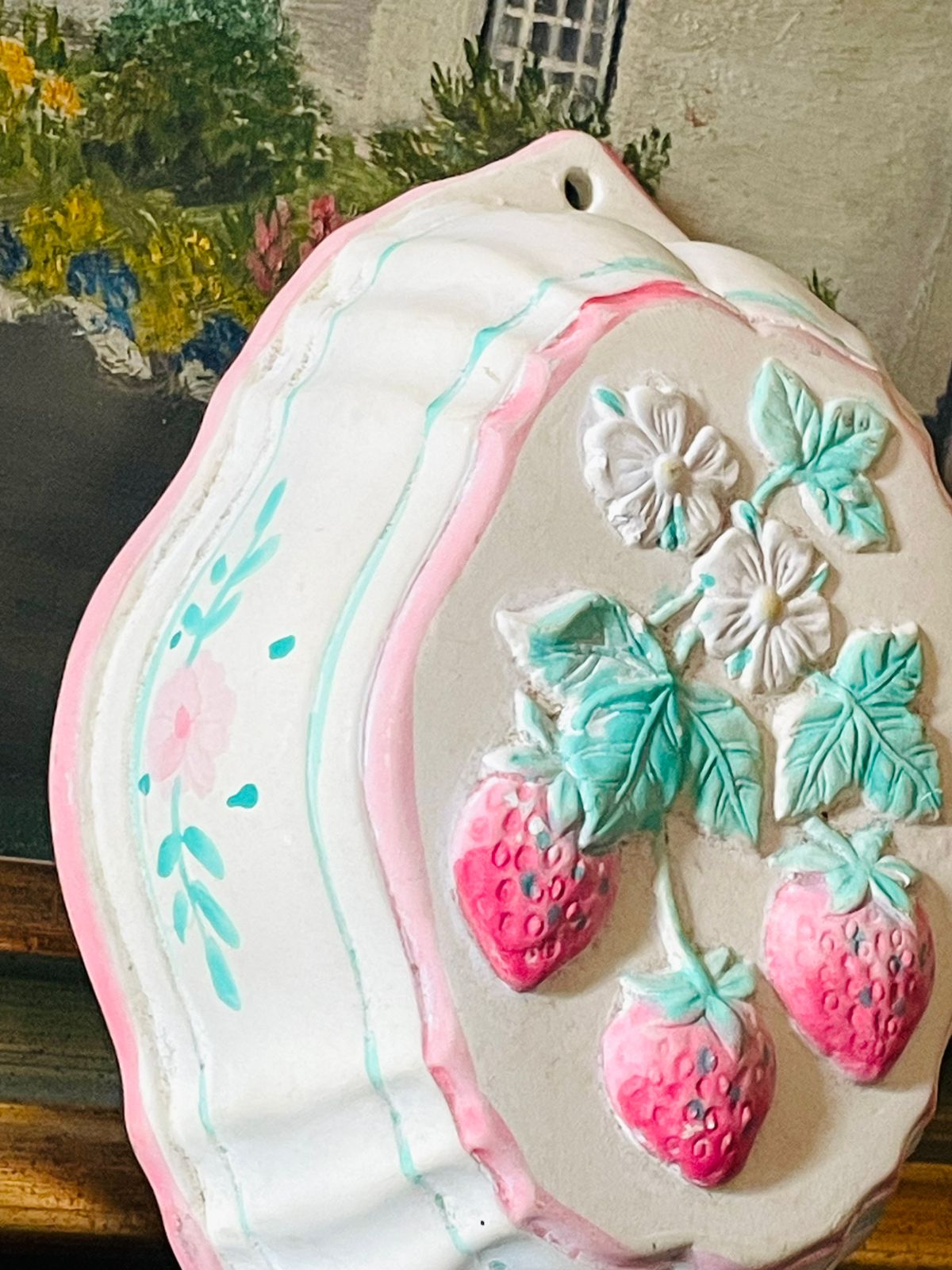 Vintage Handcrafted Strawberry Relief Wall Plaque – Pastel Cottage Charm (England)