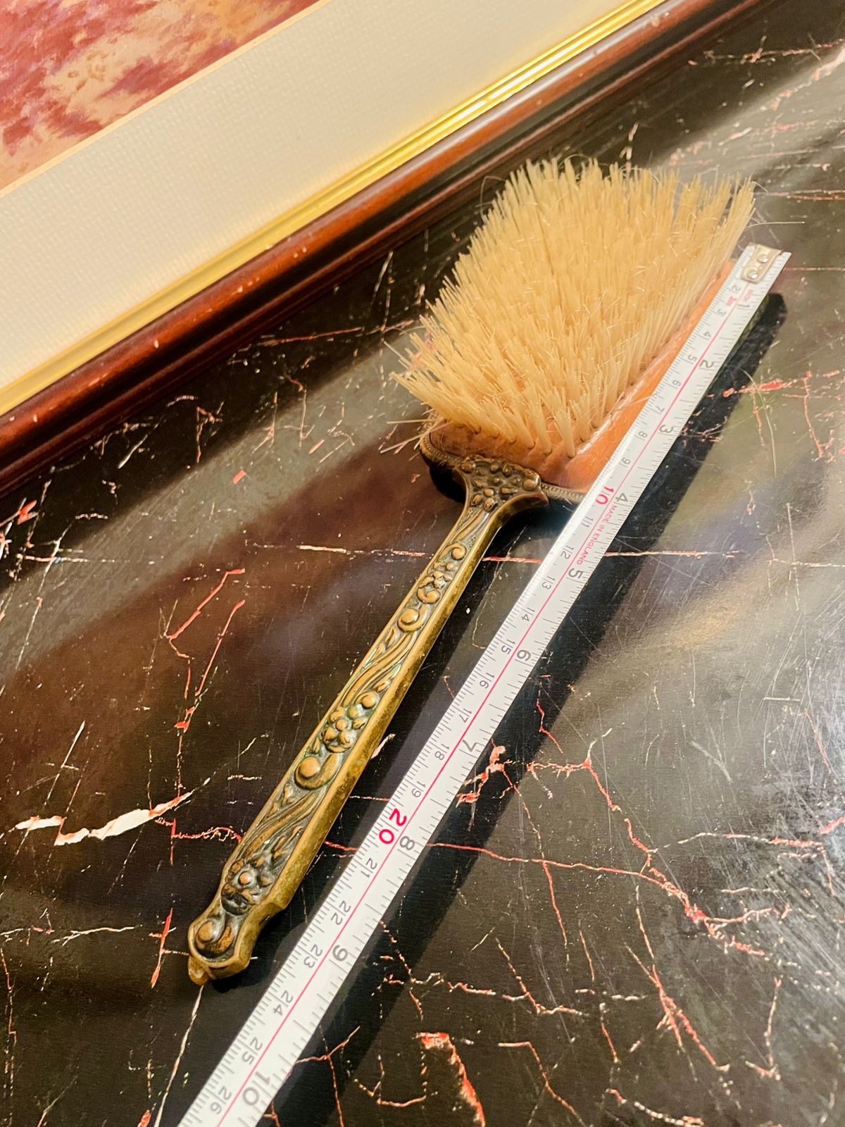 Vintage Ornate Hand Brush with Embroidered Back & Brass Floral Handle – England