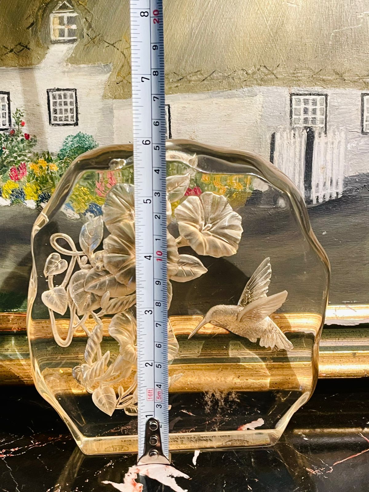 Vintage Lucite Acrylic Block – Hand Carved Morning Glory Flowers & Hummingbird Sculpture (USA)