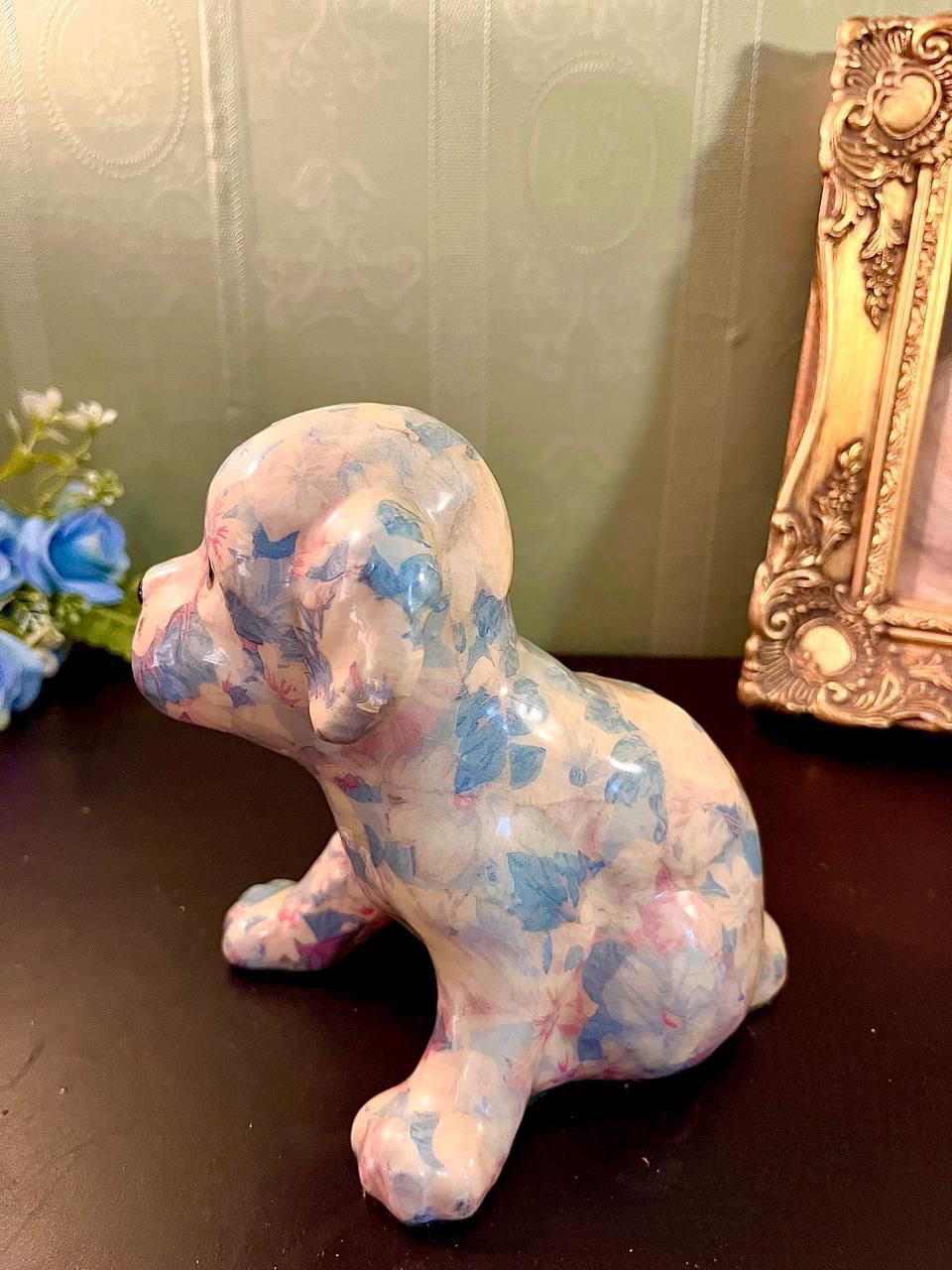 Vintage Floral Ceramic Puppy Figurine 6 Inch