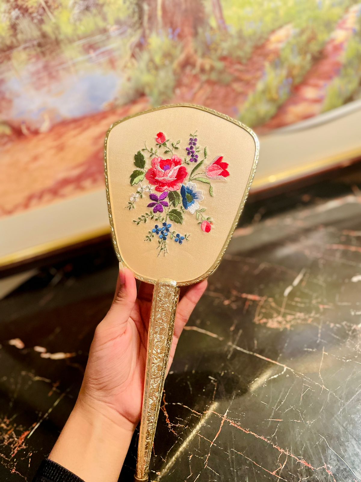 Vintage Handheld Vanity Mirror with Embroidered Floral Back β England