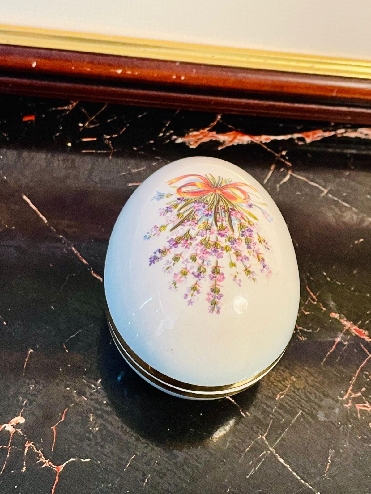 Vintage Porcelain Trinket Box – Floral Bouquet with Gold Rim