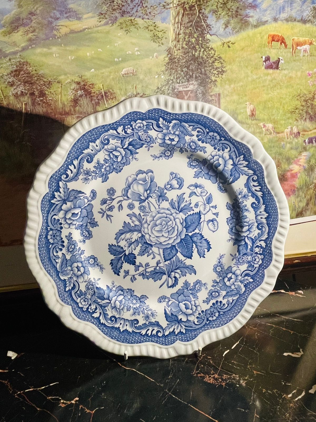 spode blue room collection, spode british flowers plate, blue and white spode england, vintage spode dinner plate, english blueware china, british flowers collection, collectible spode plate, european tableware decor, staffordshire spode pottery, rare thrift finds, sunset kitchen vintage collection