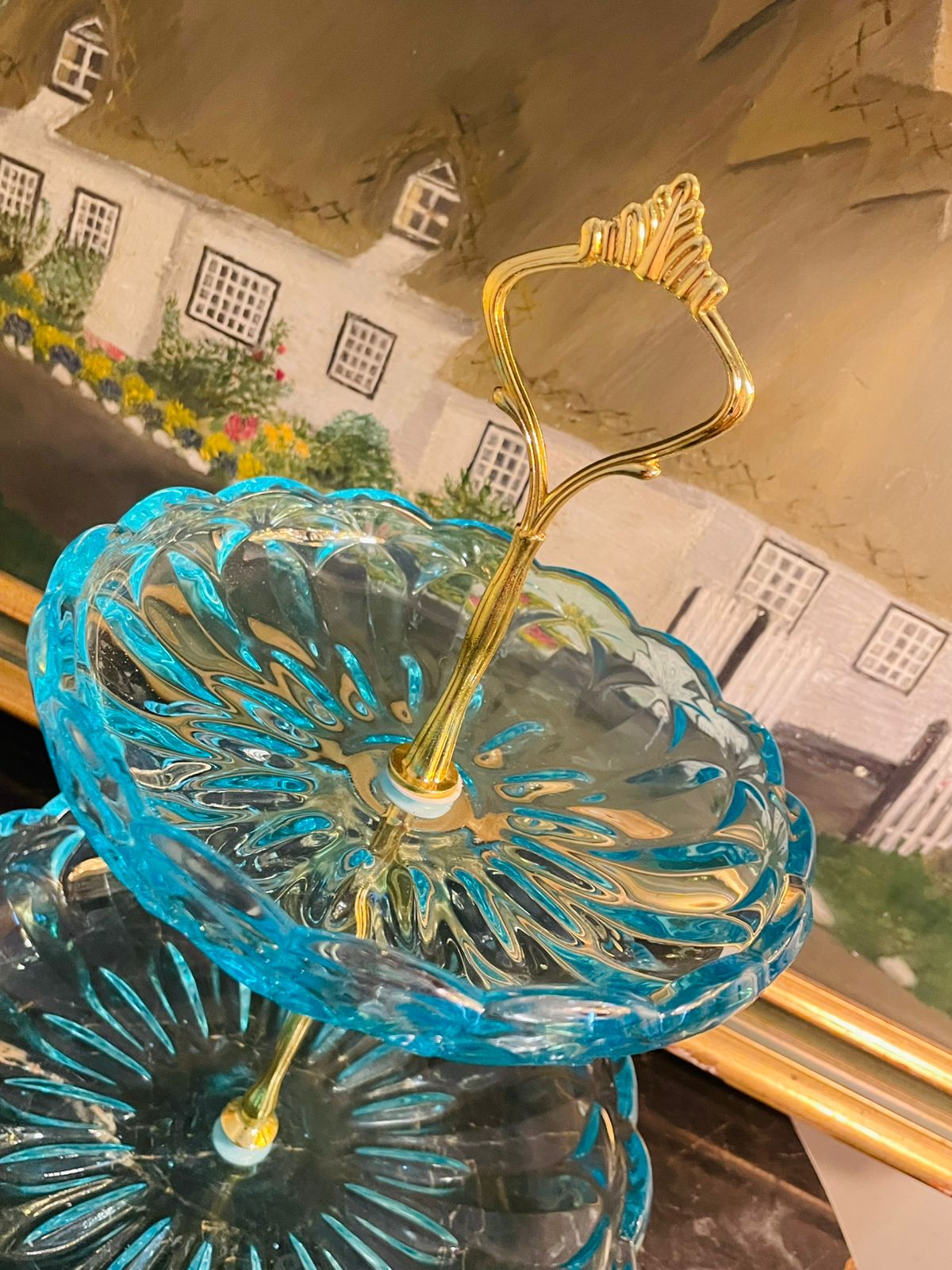 Attractive Vintage Two-Tier Blue Glass Cake Plate – Made in England