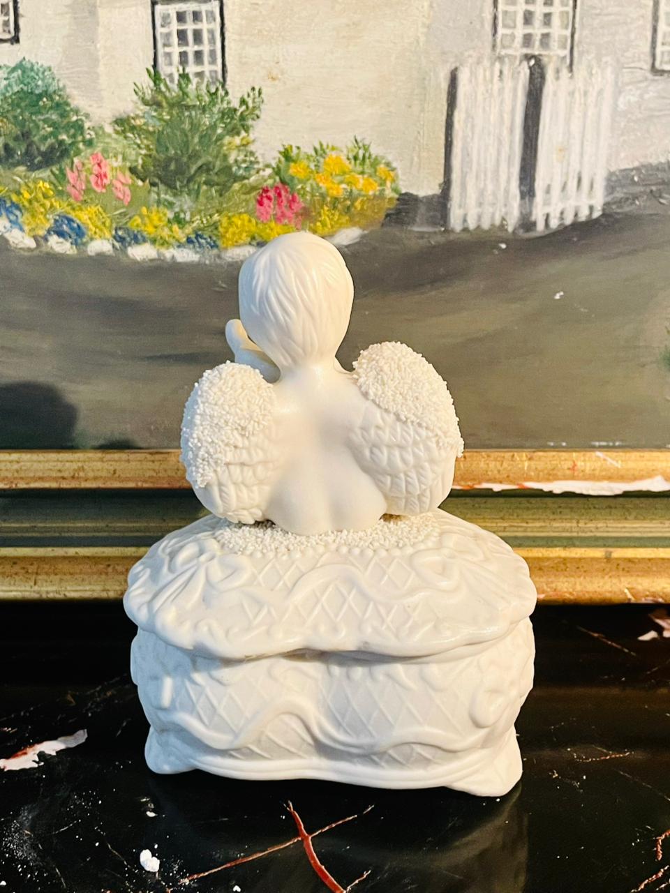 Ceramic Heart-Shaped Trinket Box with Angel Figurine – Decorative Jewelry Storage