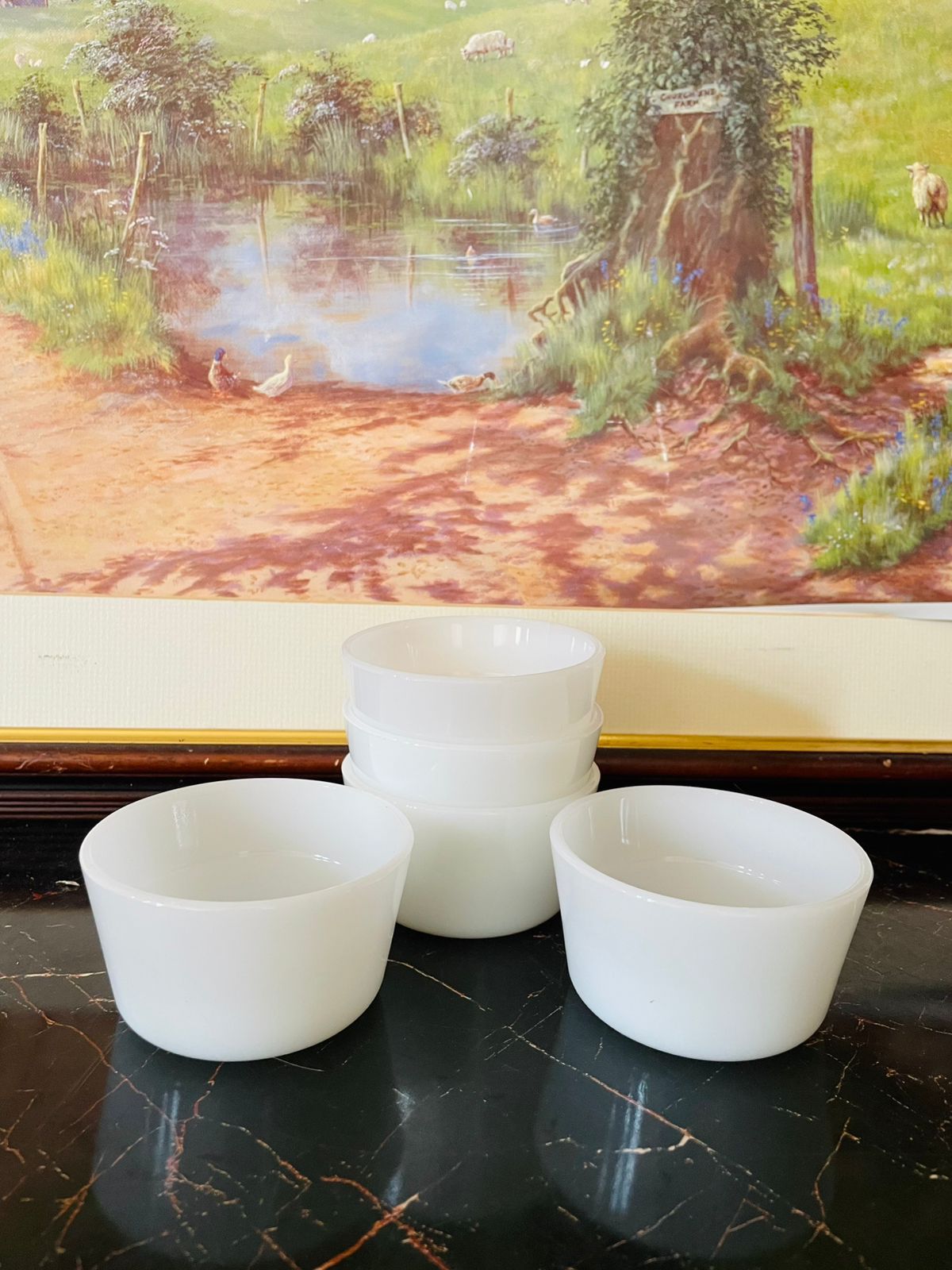 Set of 5 Vintage White Milk Glass Custard Bowls – Minimalist Charm