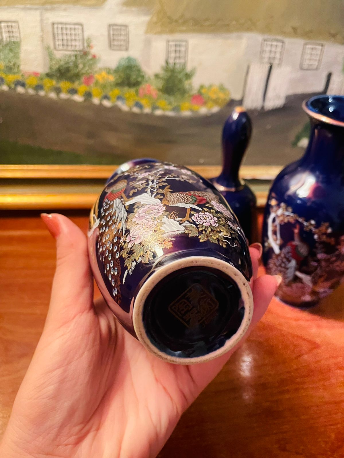 Antique 1960's Japanese Cobalt Blue Peacock Vases & Bell, Set of 3