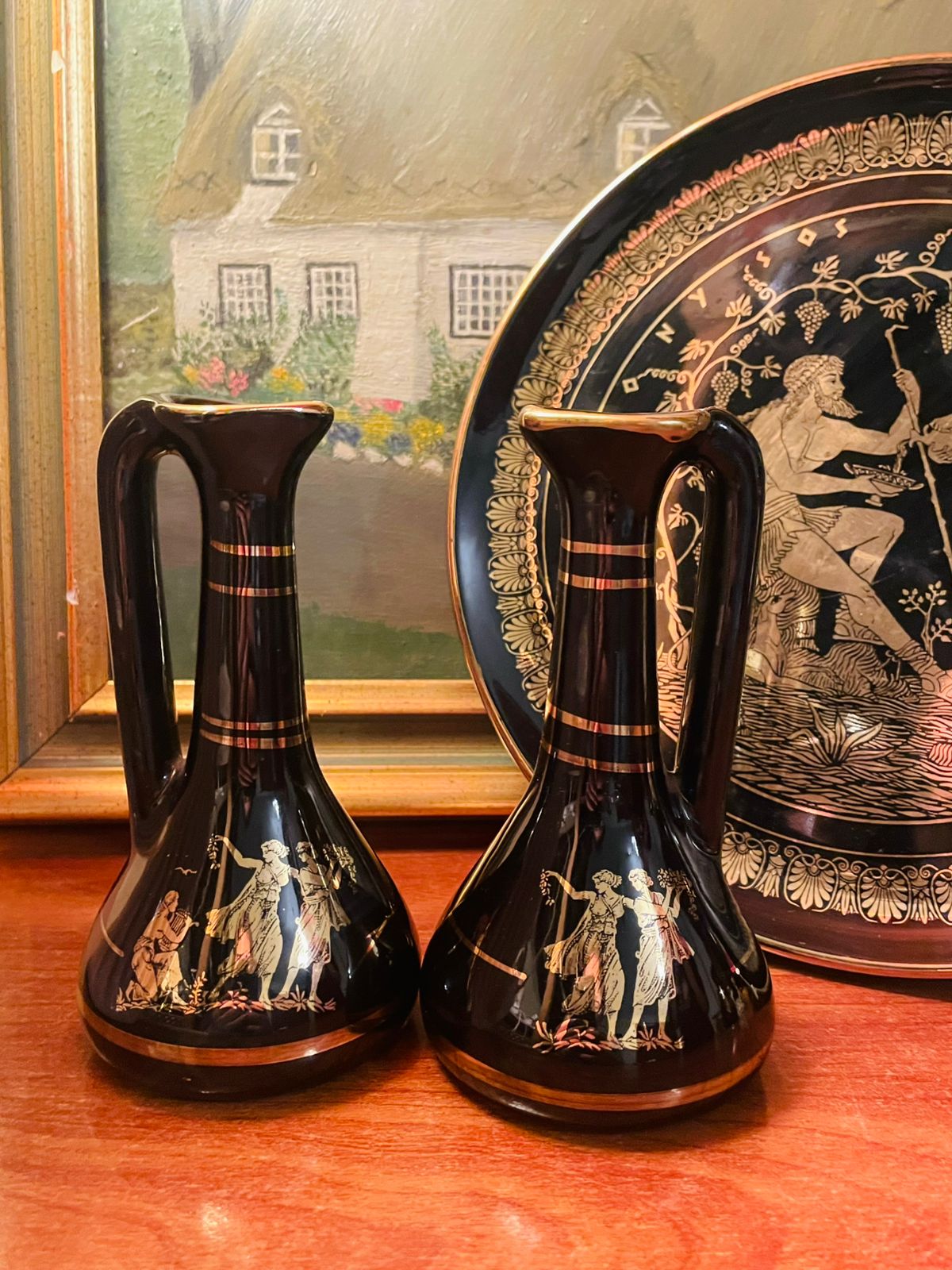 Antique 24k Gold & Black Greece Hand Made Decor Set