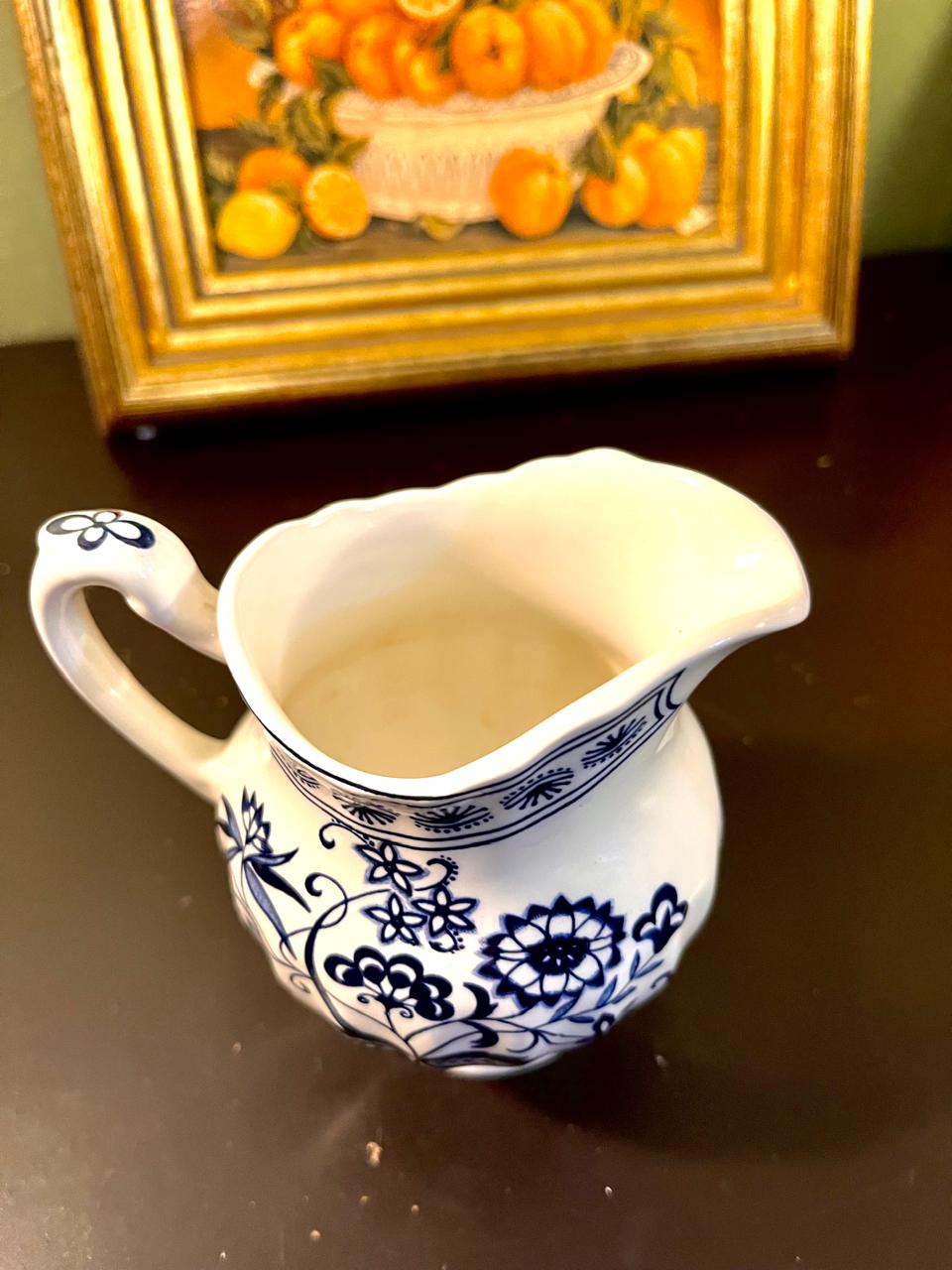 Vintage Blue & White Floral Ceramic Pitcher – 6 Inch