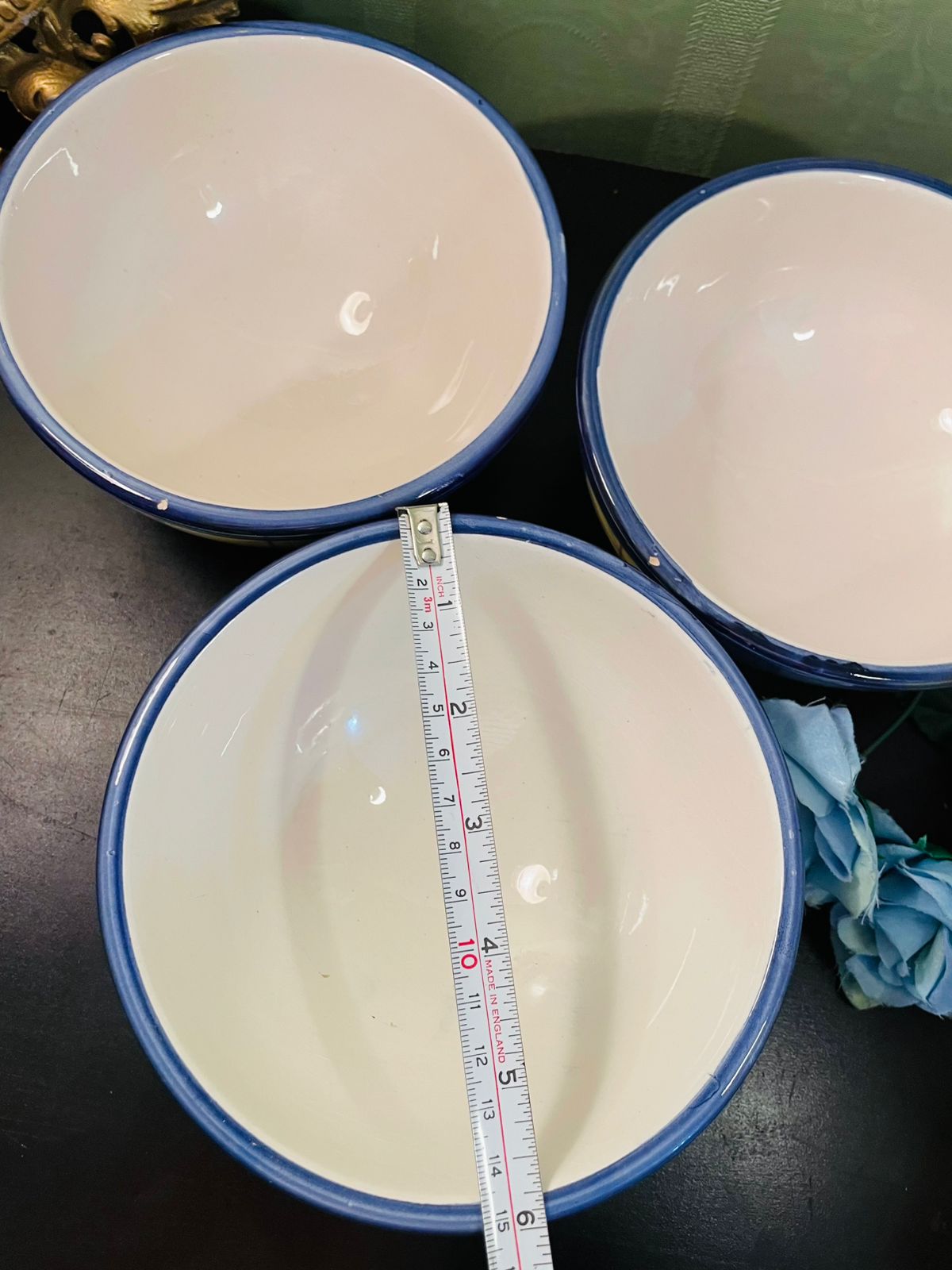 Set of 3 Blue Check Ceramic Bowl Set 6 Inch Round Bowls