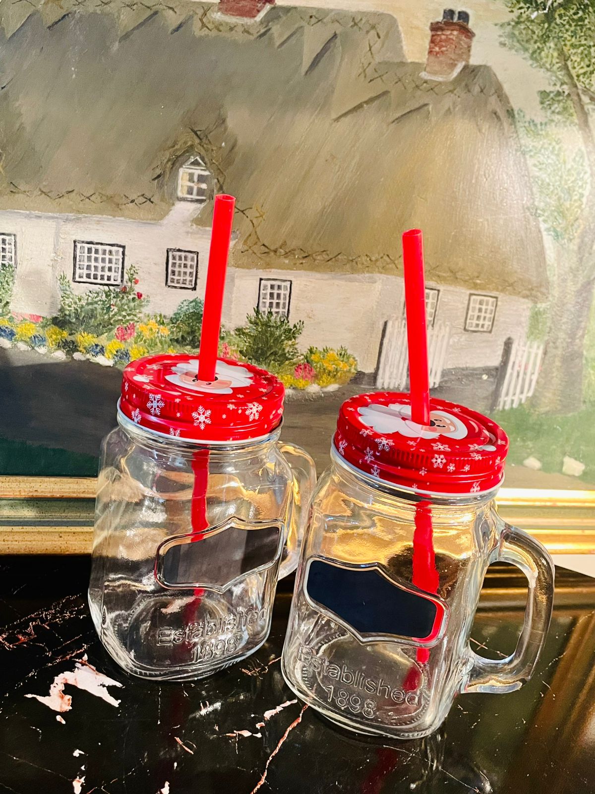 Set of 2 - Christmas Mason Jar Mugs with Lids & Straws