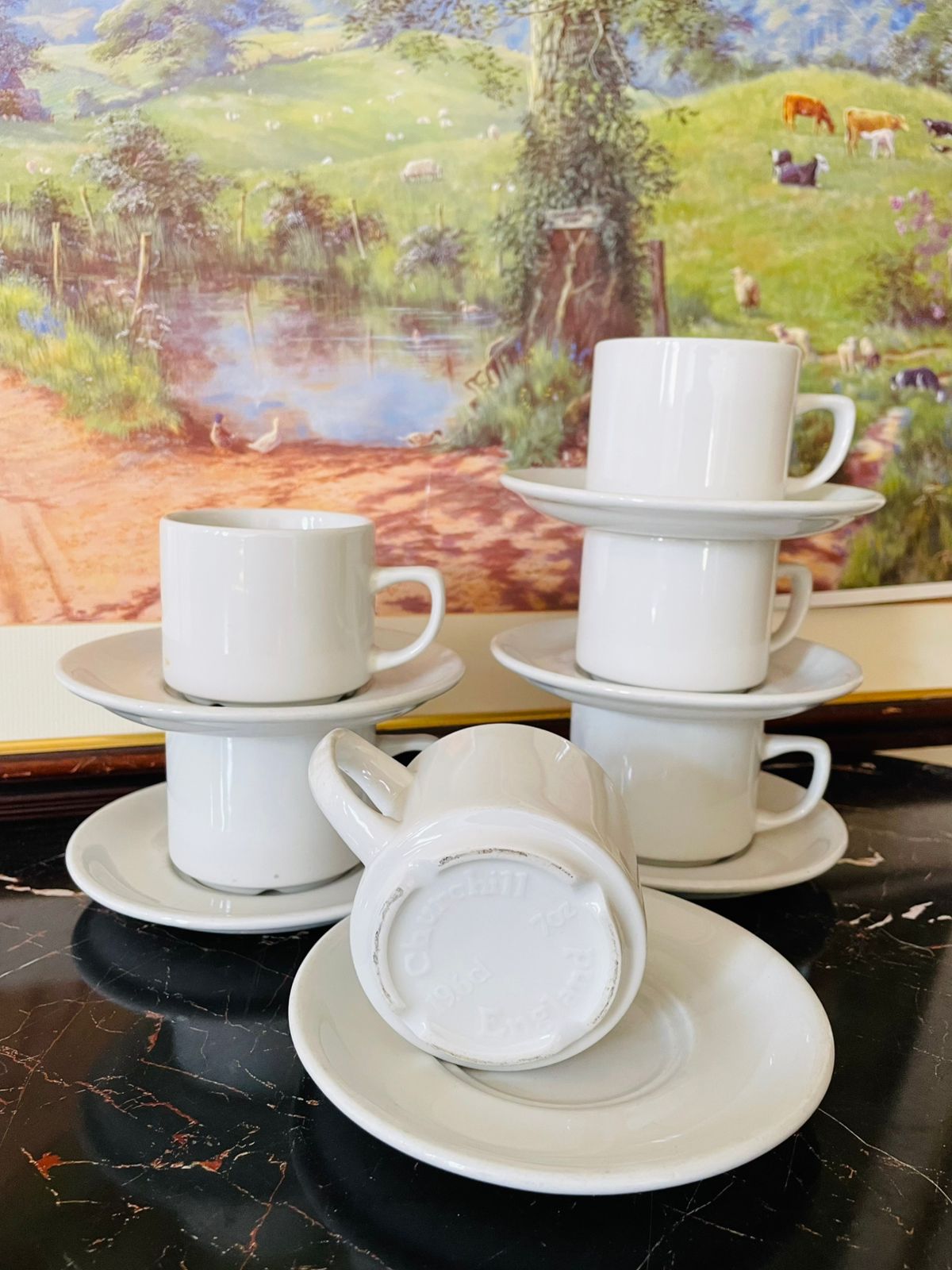 Set of 6 Churchill White Porcelain Tea Cups with Matching Saucers – England