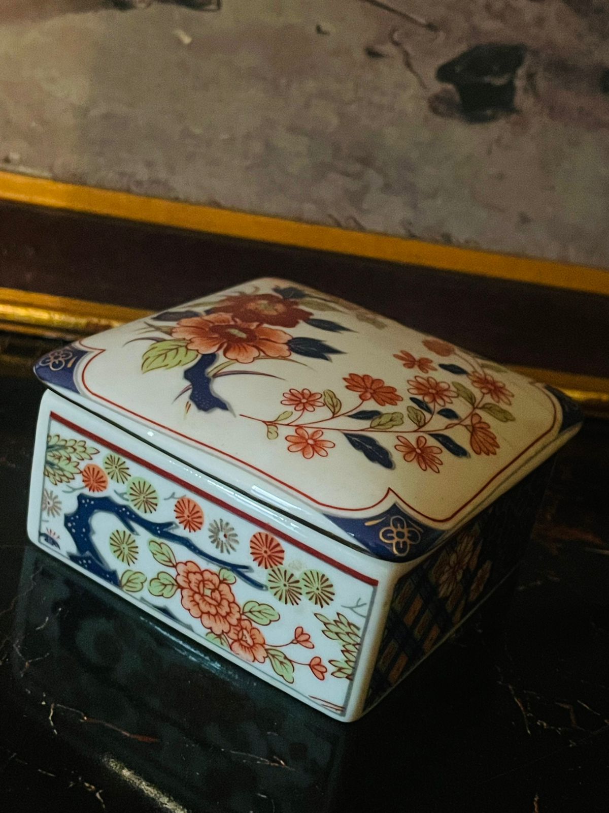 Vintage English Porcelain Trinket Box – Imari Floral & Geometric Pattern