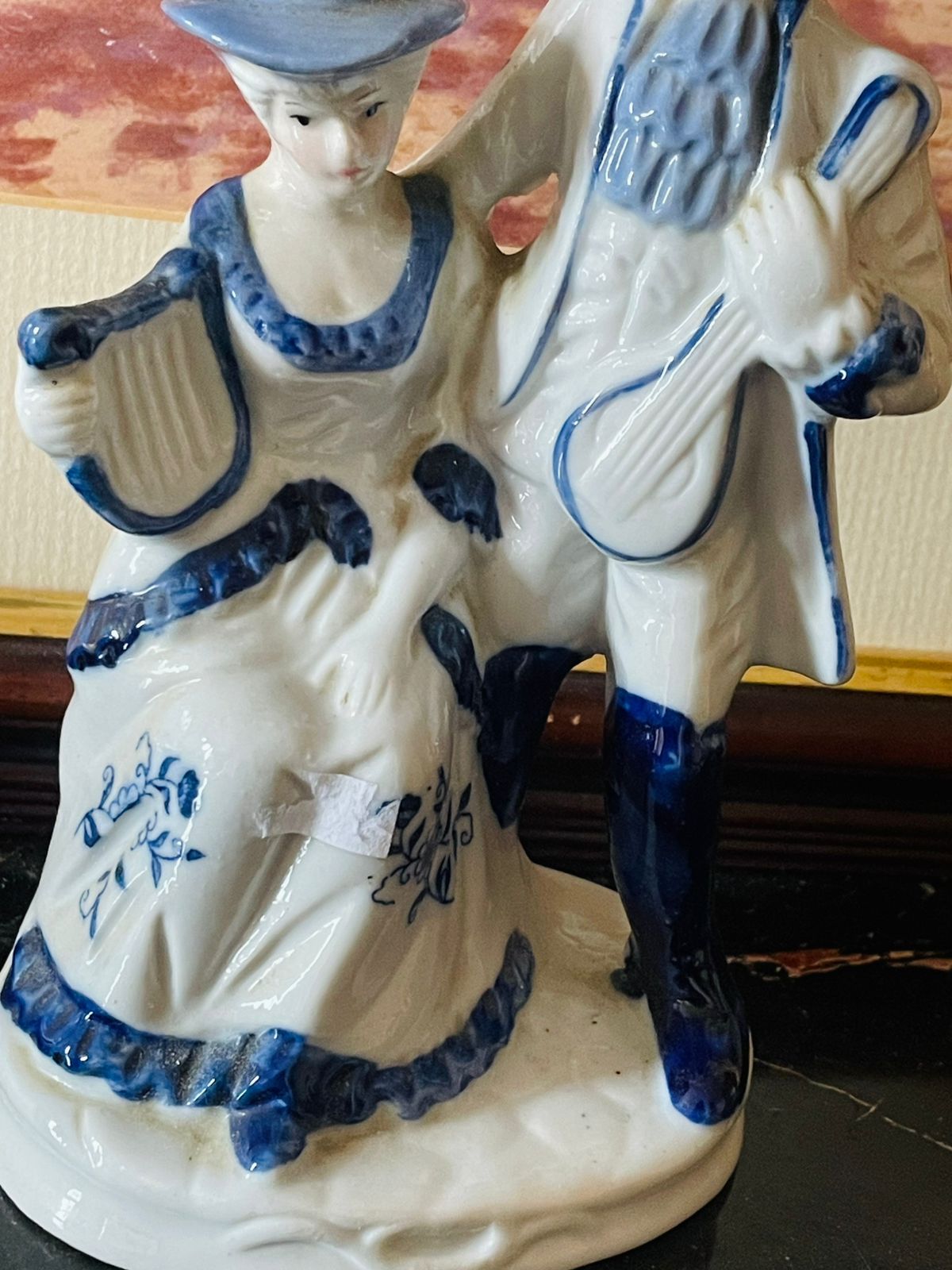 Victorian Porcelain Couple Figurine Holding Musical Instruments (England) Blue Pottery Home Decor