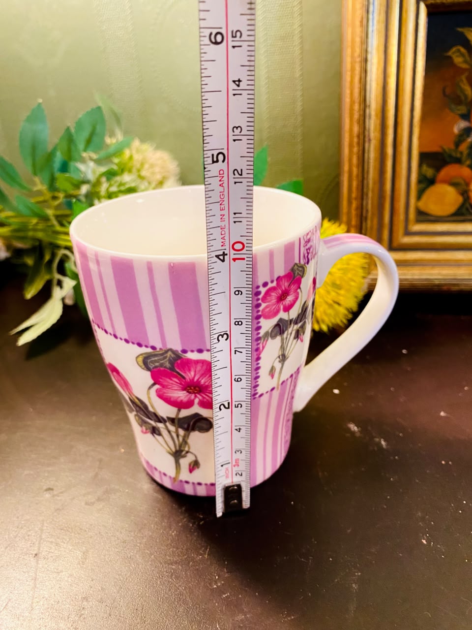 Floral Ceramic Coffee Mug 5 Inch Purple Stripe Tea Cup