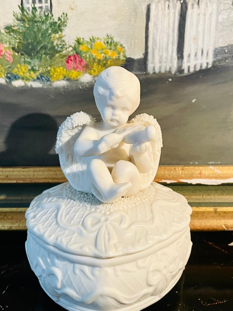 Ceramic Heart-Shaped Trinket Box with Angel Figurine – Decorative Jewelry Storage