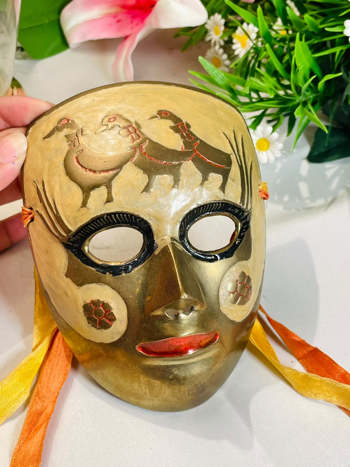 Brass - Tone Decorative Face Mask with Red Accents – 14 cm