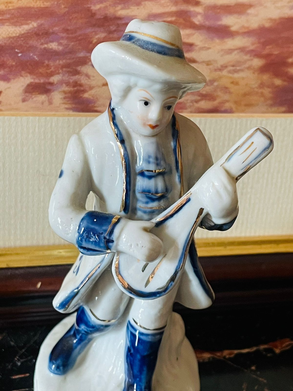 Vintage Blue & White Musician Figurine – Porcelain Collectible (England)Blue Pottery Home Decor