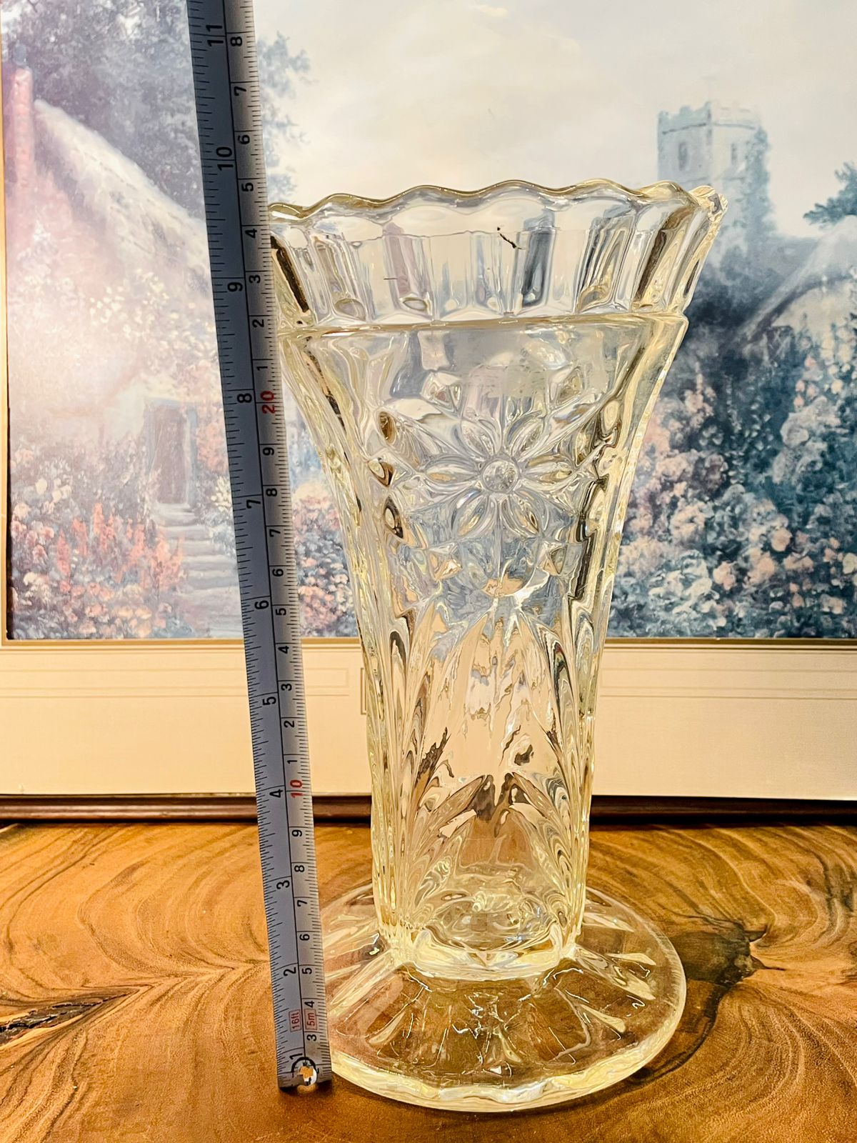 Vintage Pressed Glass Vase | Scalloped Floral Vase 10.5 Inch