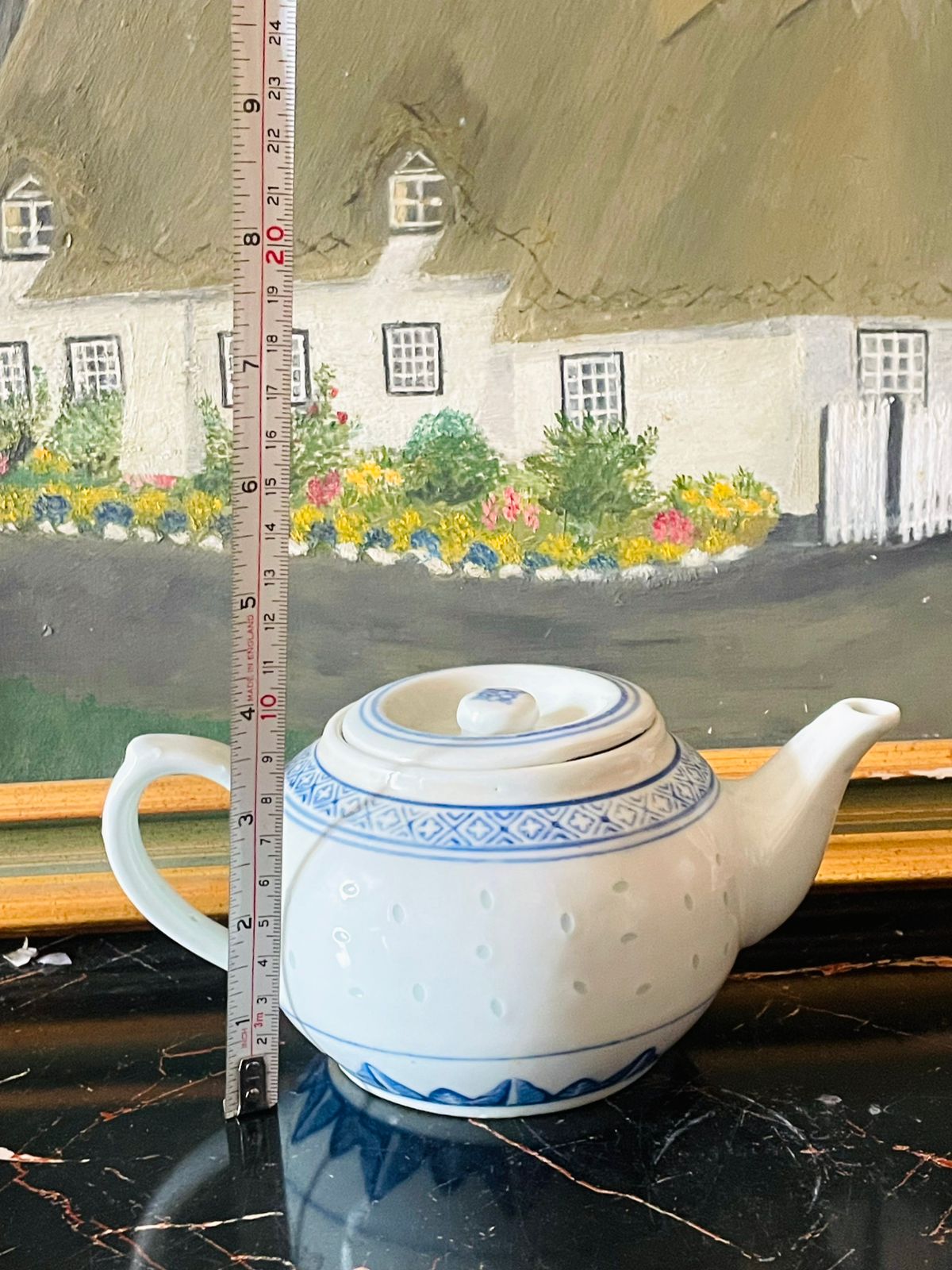 Vintage 1980s Chinese Porcelain Rice Grain Ware Teapot – Blue & White
