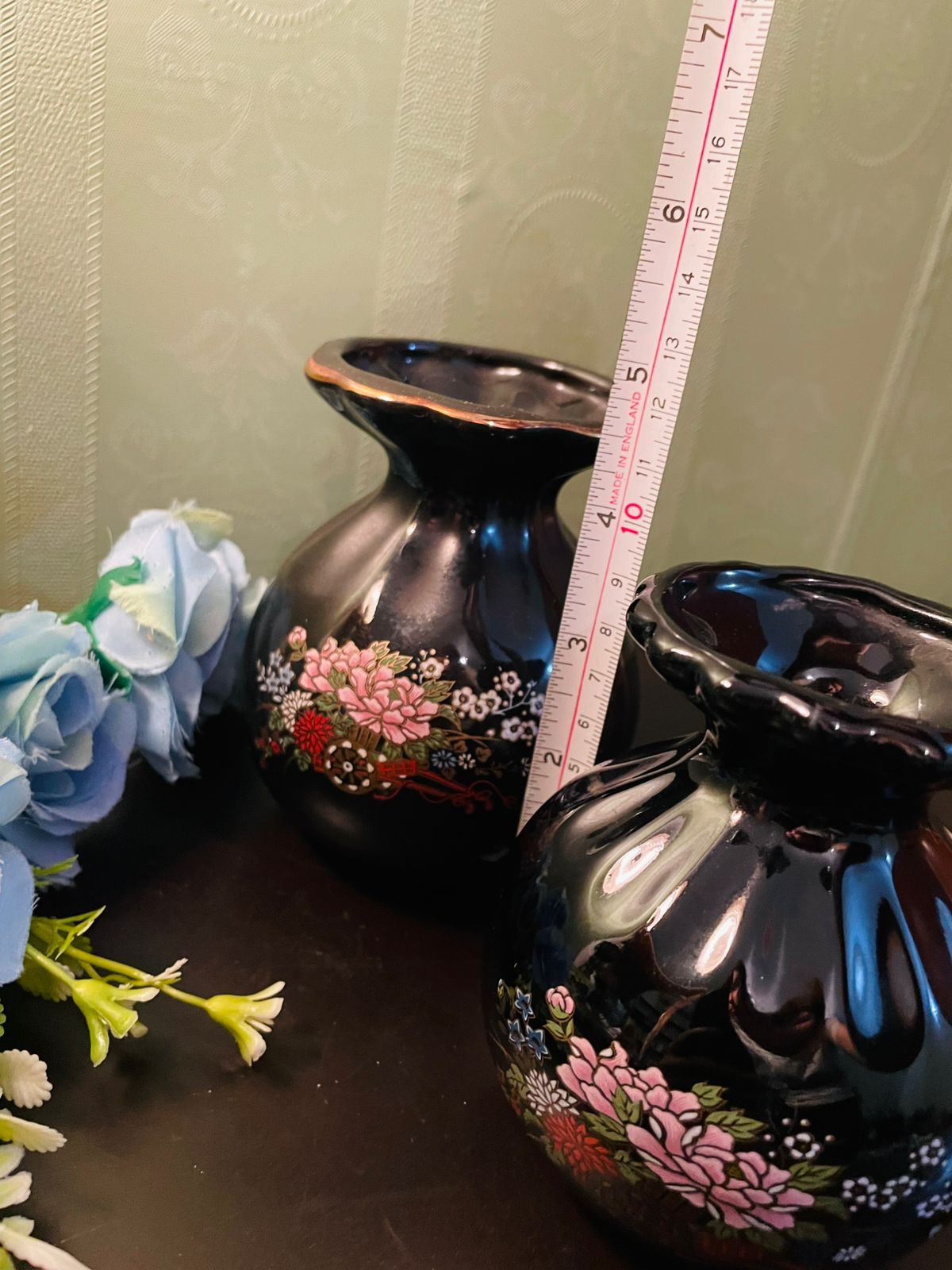 Vintage Black Floral Vase Pair