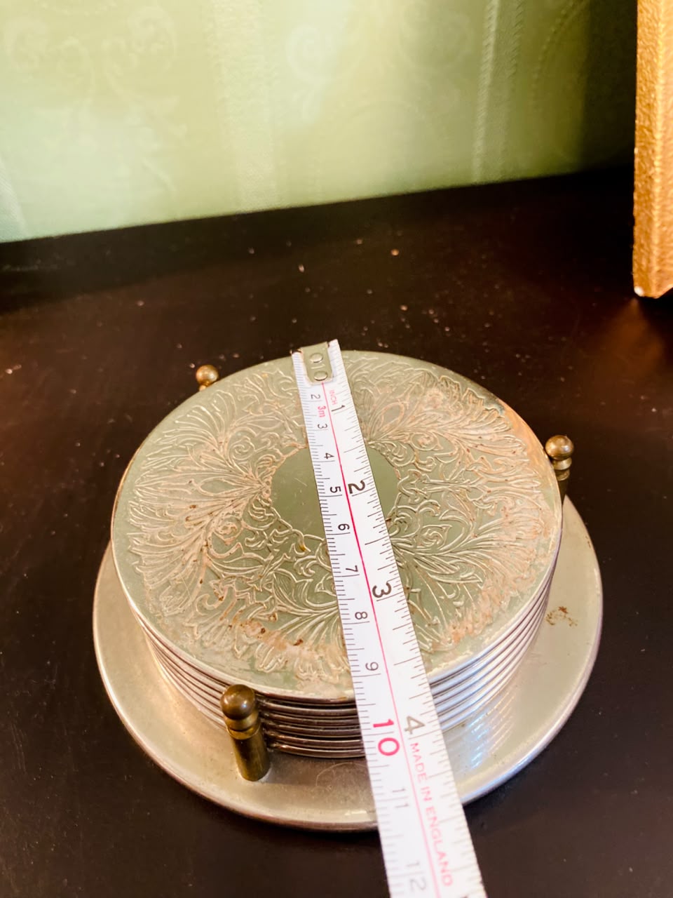 Vintage Silver-Plated Coaster Set of 6 with Holder – 5 Inch