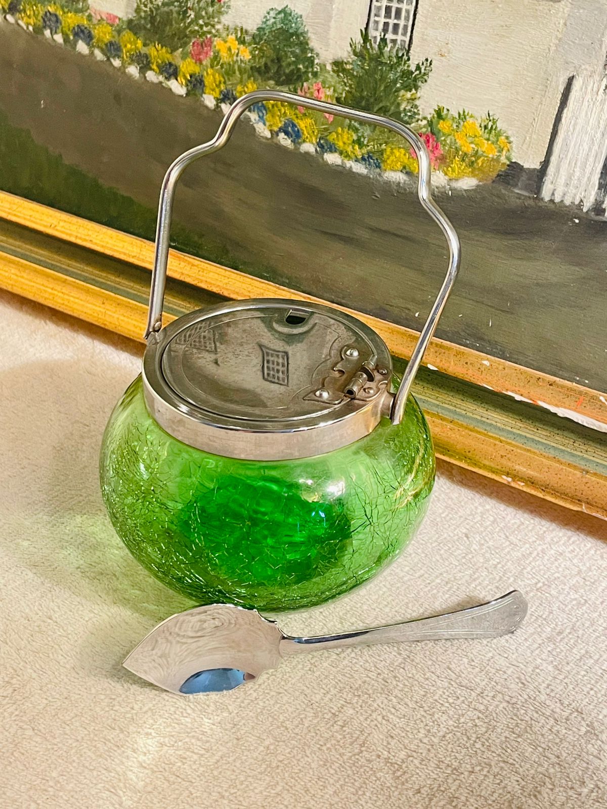 Antique Green Glass Sugar Bowl with Silver Spoon & Handle – Vintage Sugar Vessel for Tea Table