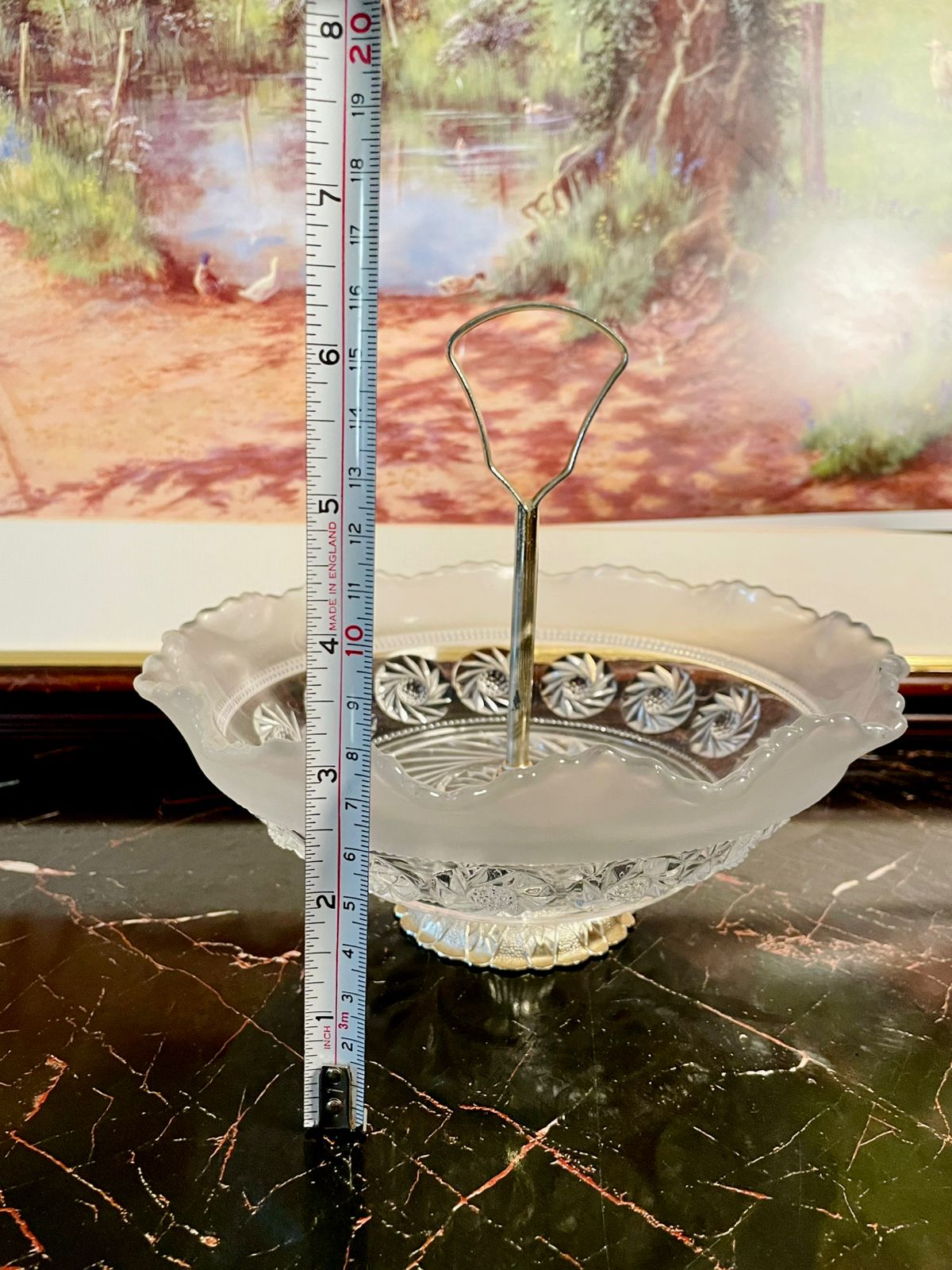 Vintage England Crystal Glass Dessert / Fruit Stand – Frosted & Cut Glass with Handle