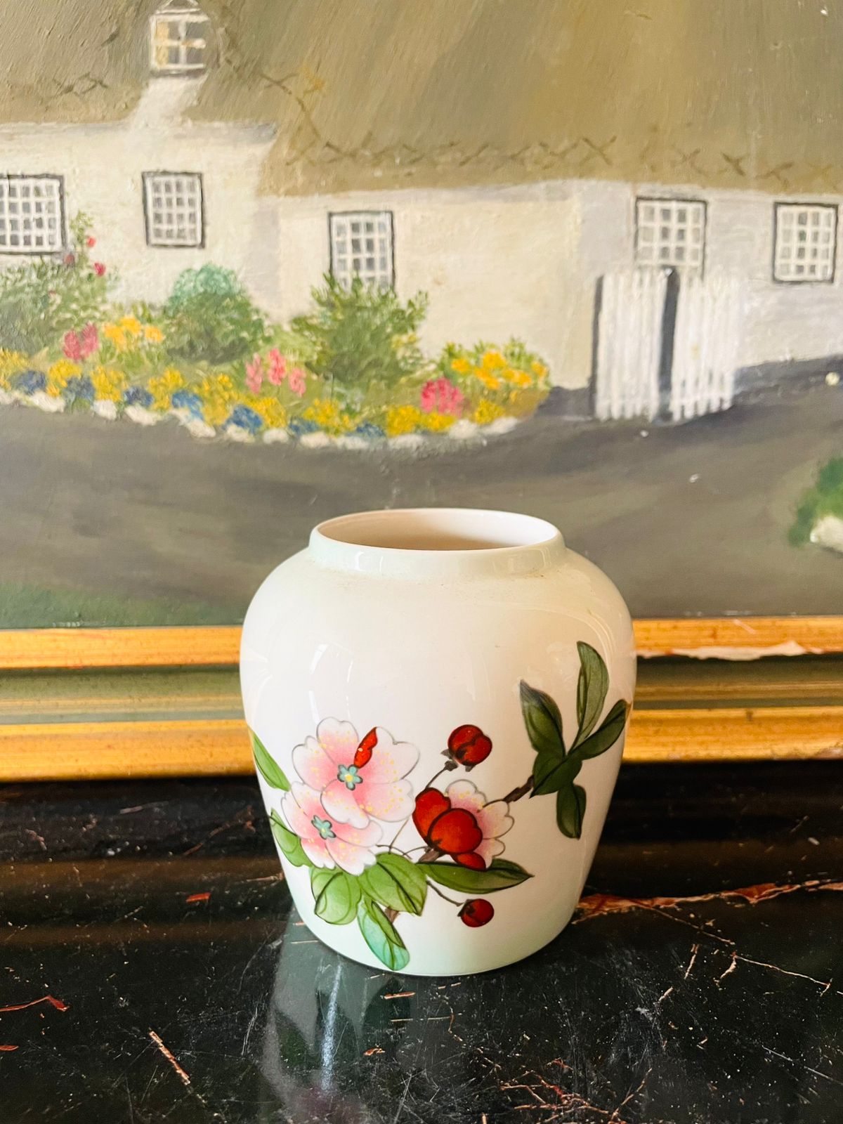 royal worcester palissy vase, english porcelain vase, hand painted floral vase, collectible british pottery, vintage palissy england, fine bone china decor, mini bud vase, floral english ceramics, rare thrift finds, sunset kitchen vintage