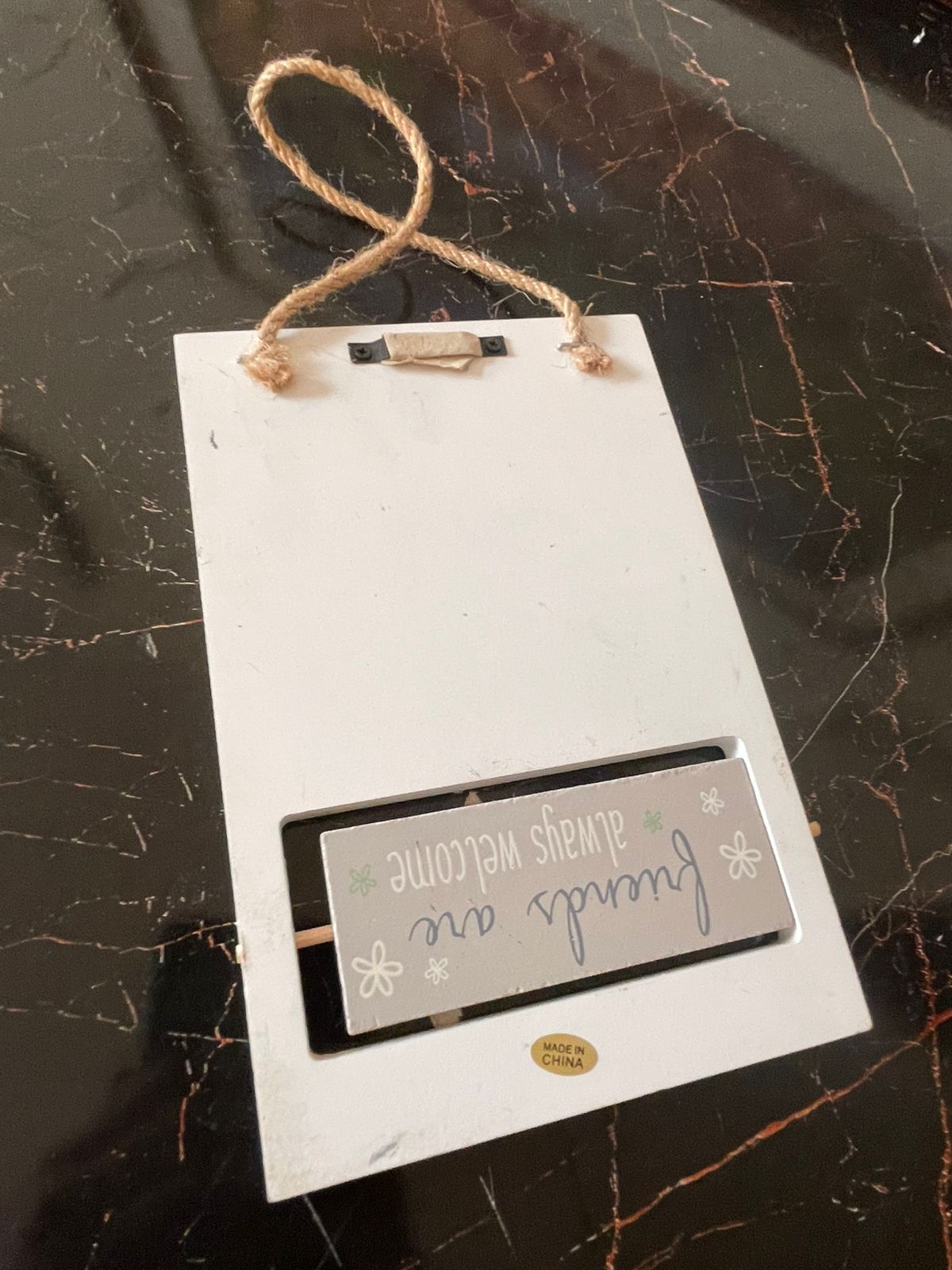 “Our Home” White wood Wall Plaque – Family is Forever with Jute Rope Hanging