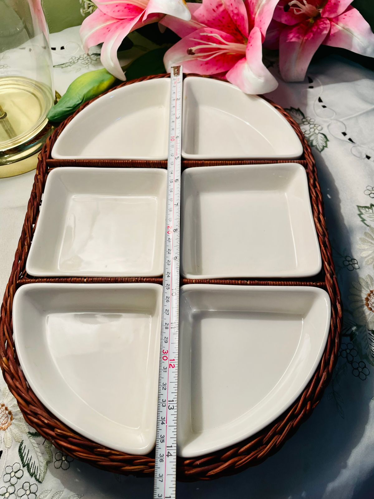 Artisan Valencia 6-Piece White Serving Dish Set with Wicker Tray