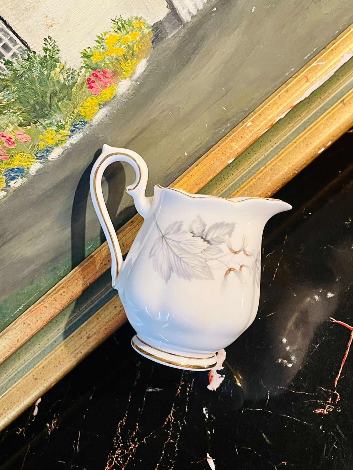 Royal Albert Vintage Fine Bone China Milk Jug / Creamer – Grey Leaf Floral Pattern with Gold Rim
