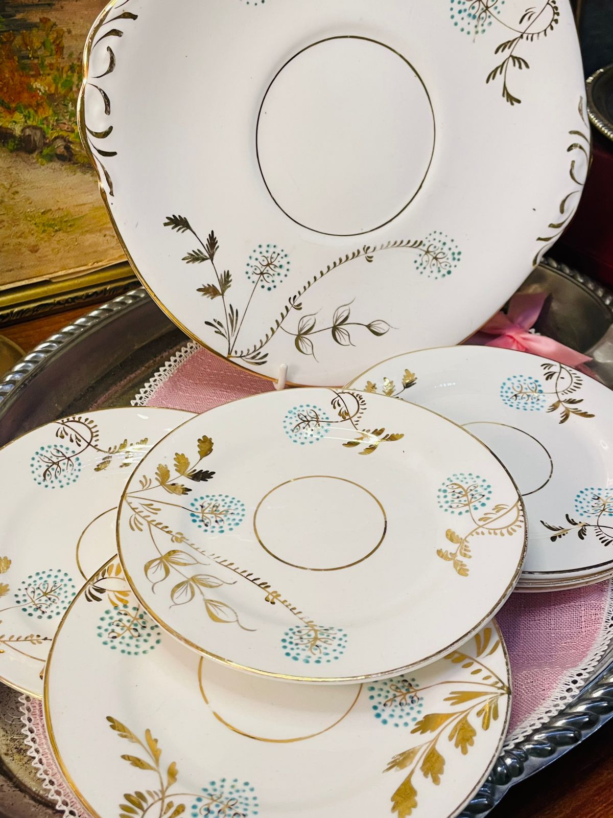 thrifted cake set pakistan, white gold floral plates, vintage cake set pk, england bone china plates, thrifted crockery pakistan, dessert plates pk, collectible vintage tableware, gold rim plates pakistan, tea party crockery pk, sustainable vintage crockery