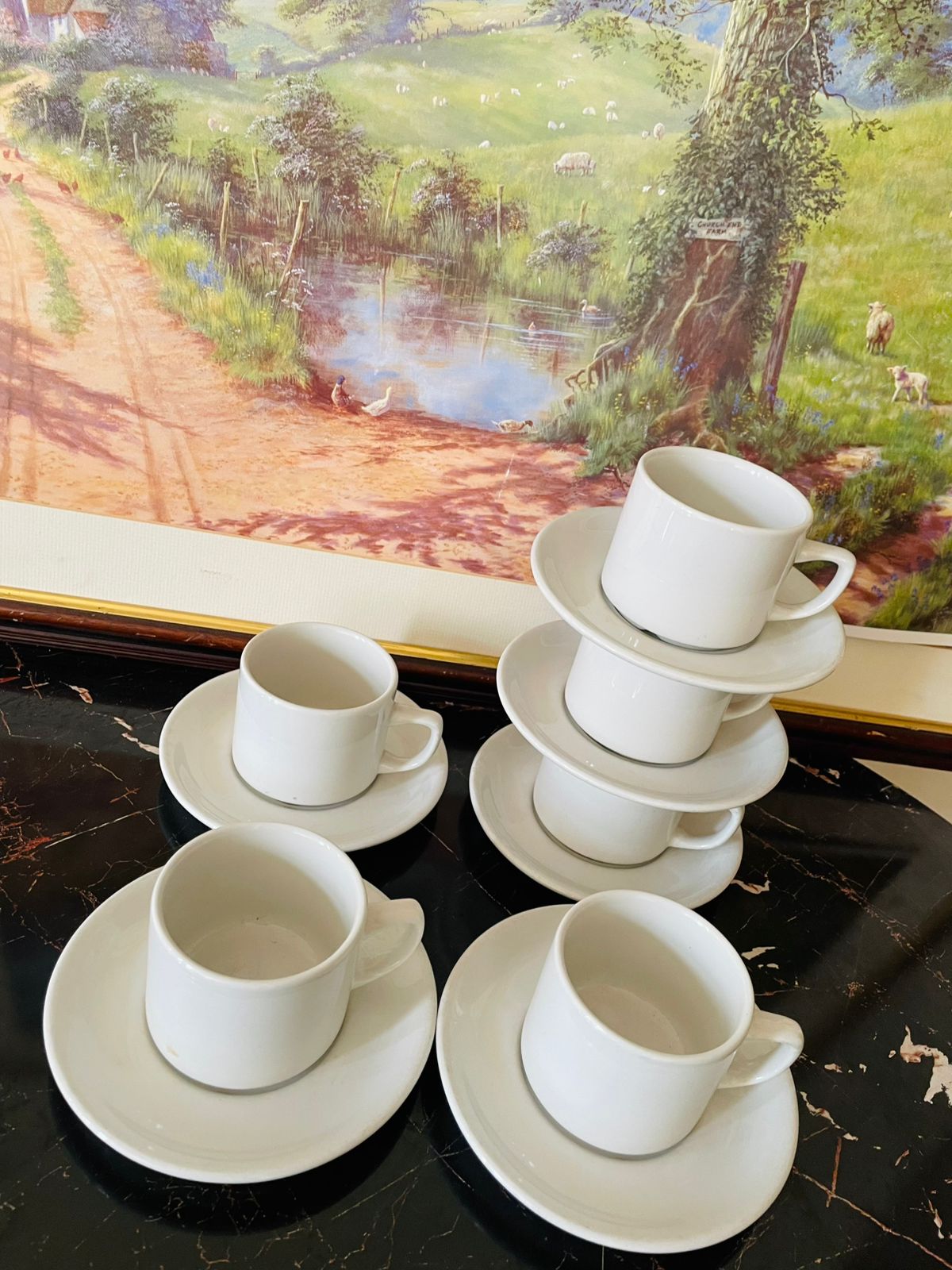 Set of 6 Churchill White Porcelain Tea Cups with Matching Saucers – England